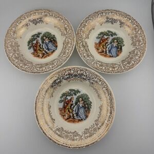 Set of 3 Vintage Courting Couple Gold Filigree Porcelain Small Bowls 5.25"